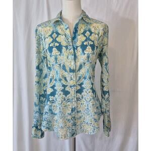 Cino Womens Blue Green Floral Button Down Blouse Top XS 100% Cotton